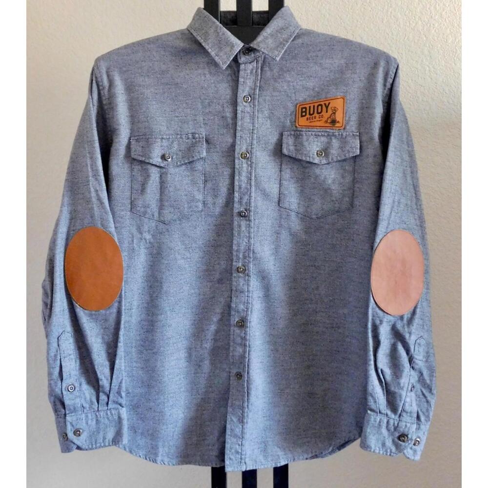 Buoy Beer Company Button Down Shirt Size L Astoria OR Elbow Patch Brewery Logo